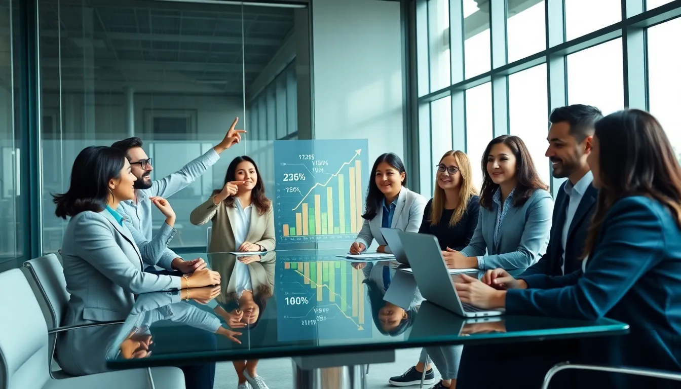 diverse professionals discussing financial independence in a modern office.