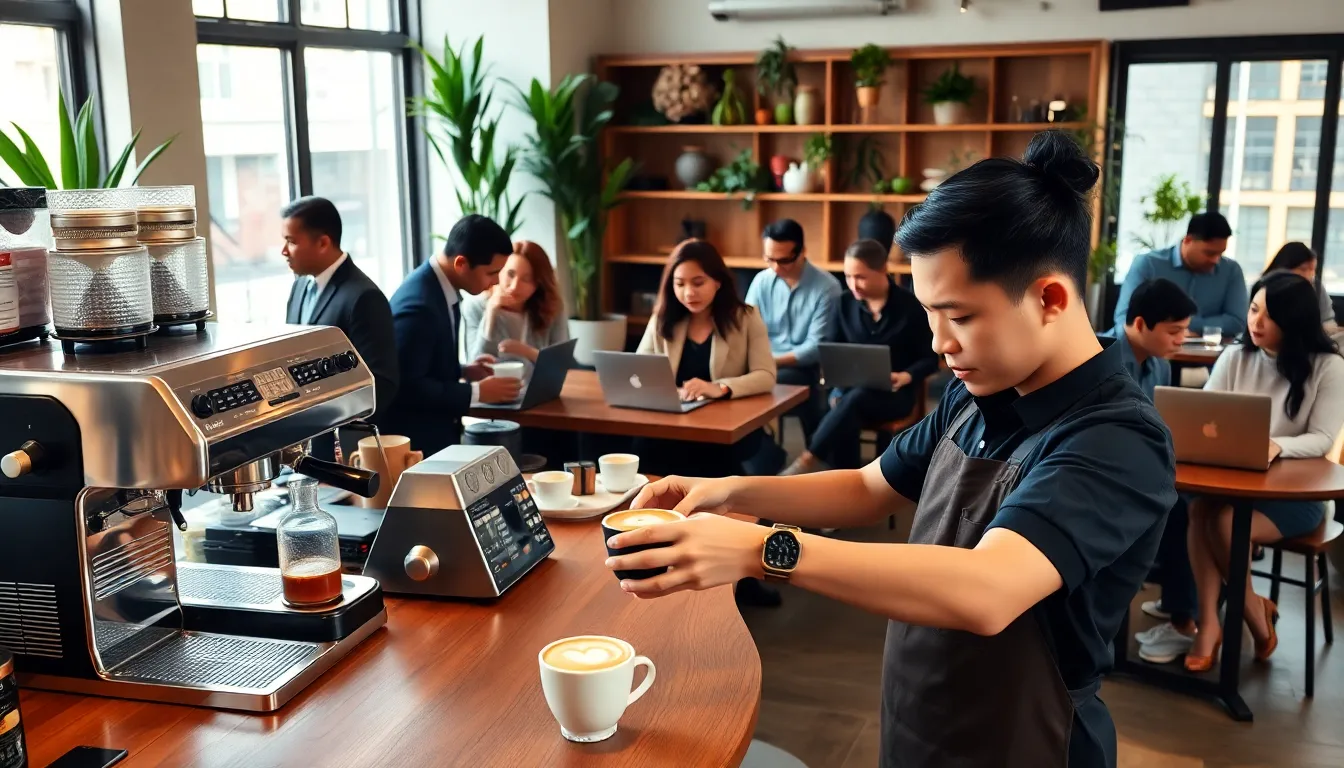 diverse group enjoying coffee in a modern NYC café.