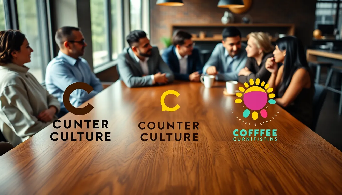 evolution of Counter Culture Coffee logos on a wooden table.
