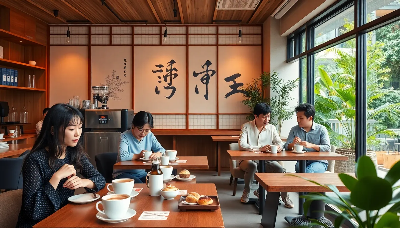 Diverse café patrons enjoying coffee in a stylish setting inspired by Japanese culture.