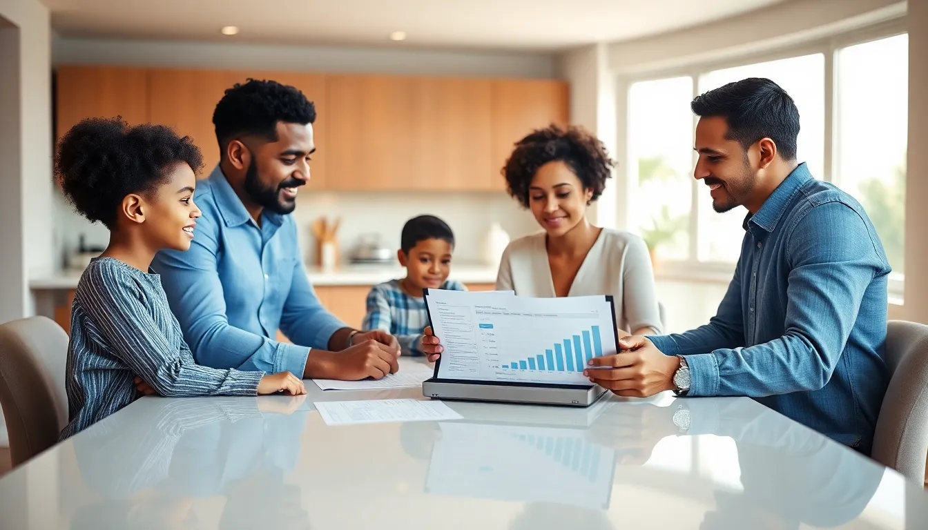 family discussing financial planning around a dining table.