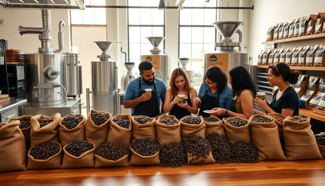 diverse baristas discussing specialty coffee in a modern roasting facility.