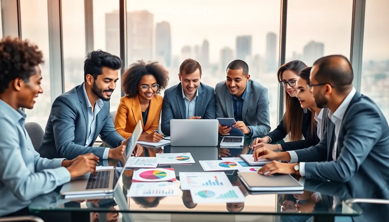 diverse team brainstorming marketing strategies in a modern office.