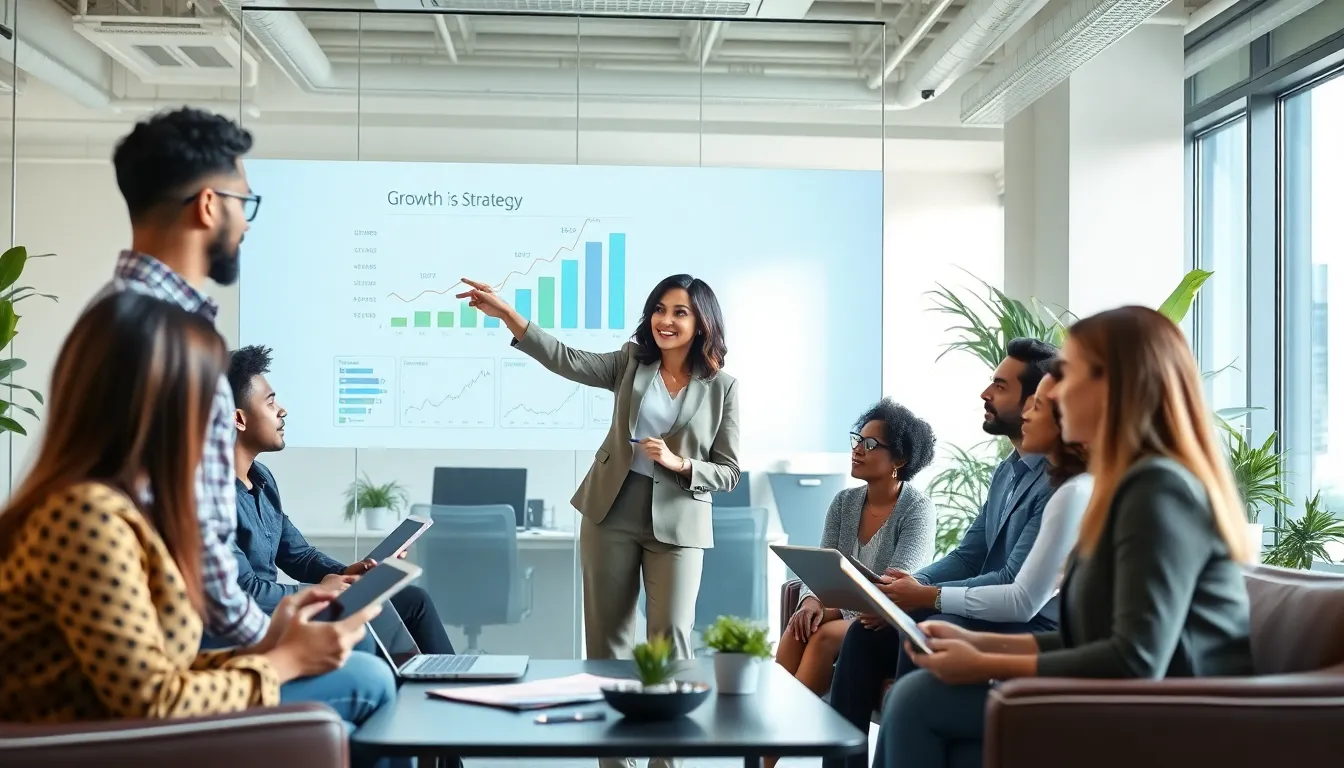 diverse team discussing a growth strategy in a modern office.