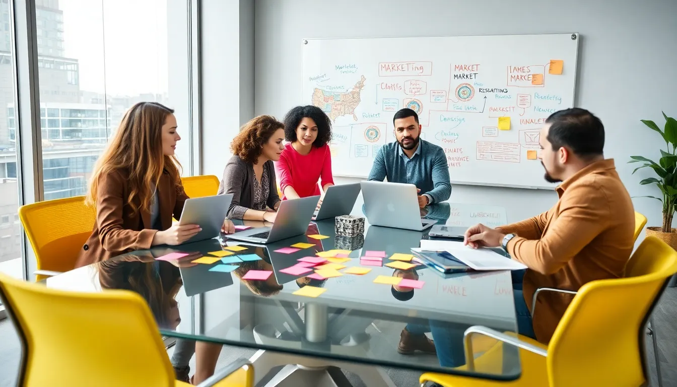 diverse team brainstorming marketing strategies in a modern office.
