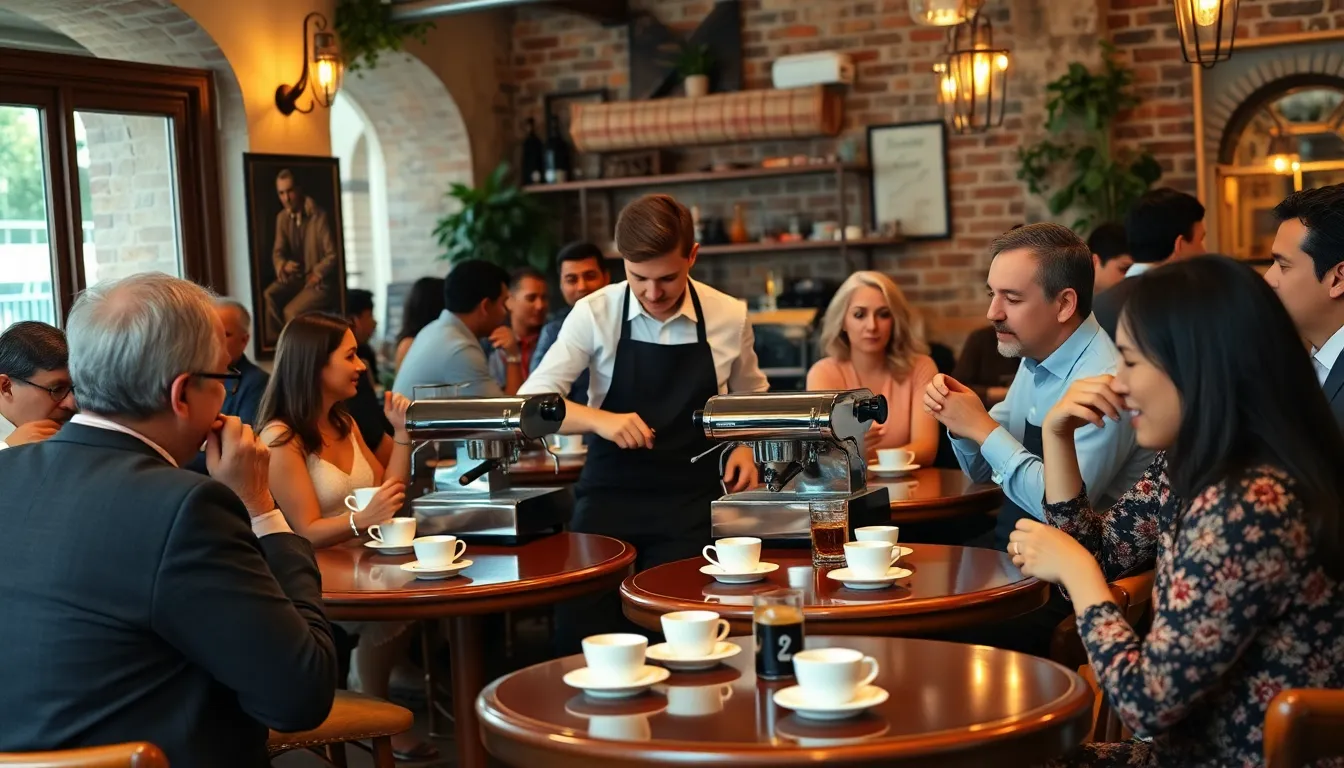 diverse group enjoying coffee in a lively Italian café setting.