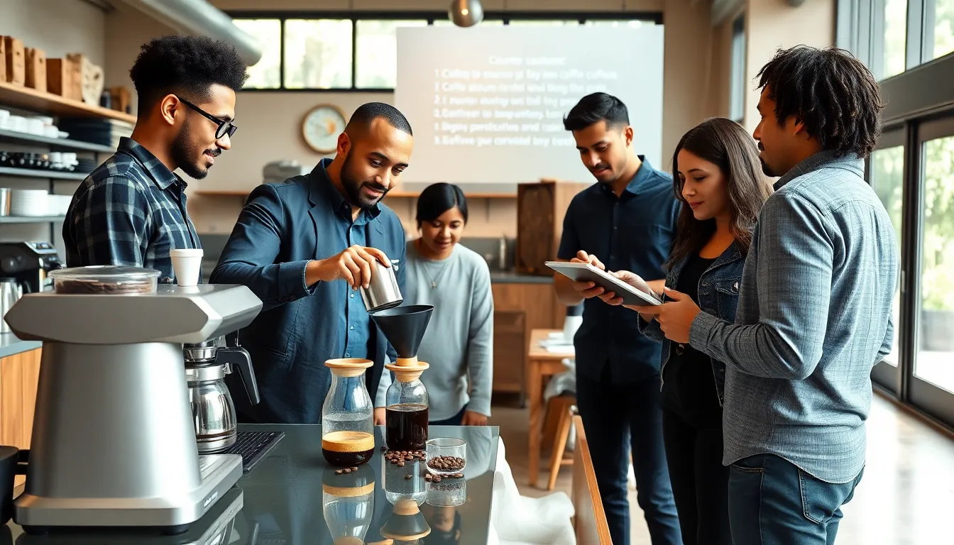 group collaborating in a modern coffee lab with a holographic display.
