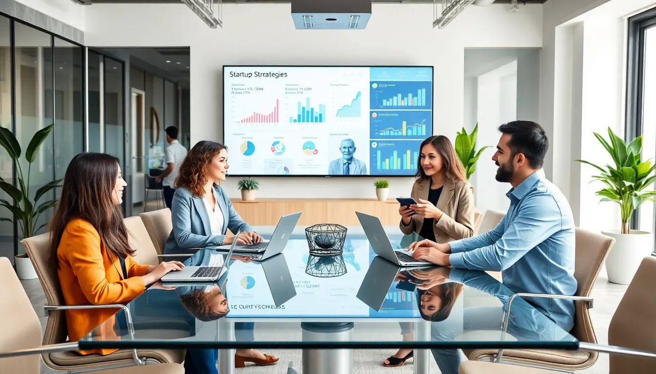 diverse entrepreneurs discussing startup strategies in a modern office.