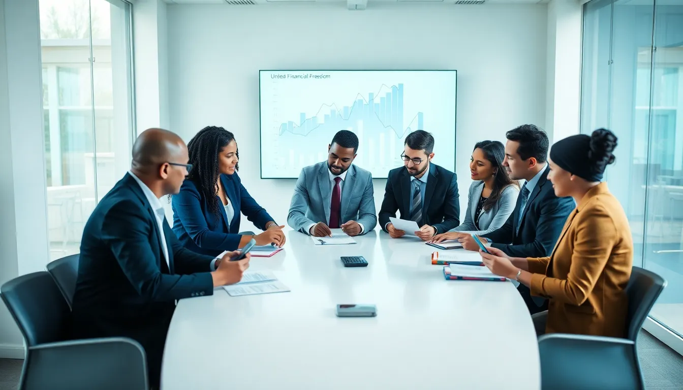 diverse professionals collaborating on financial strategies in a modern office.