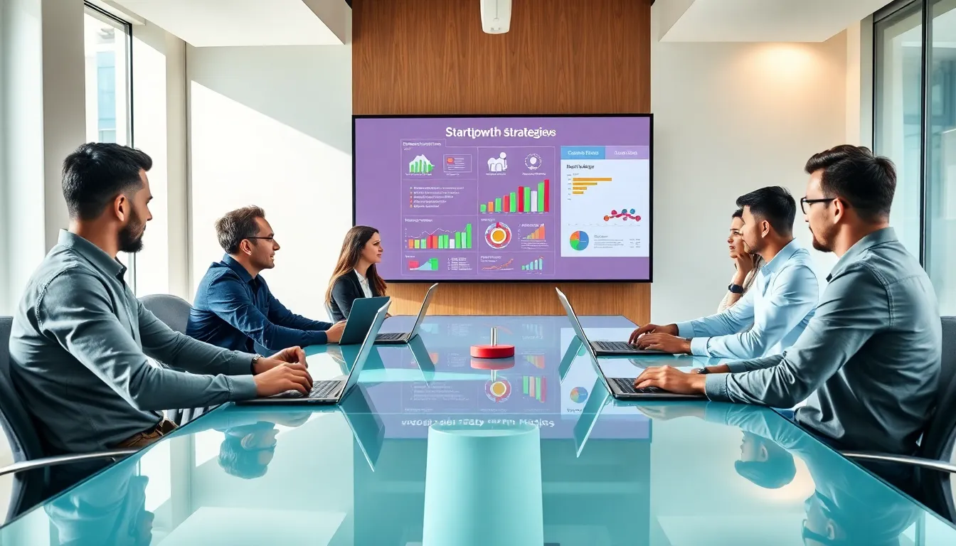 diverse team discussing startup growth strategies in a modern conference room.